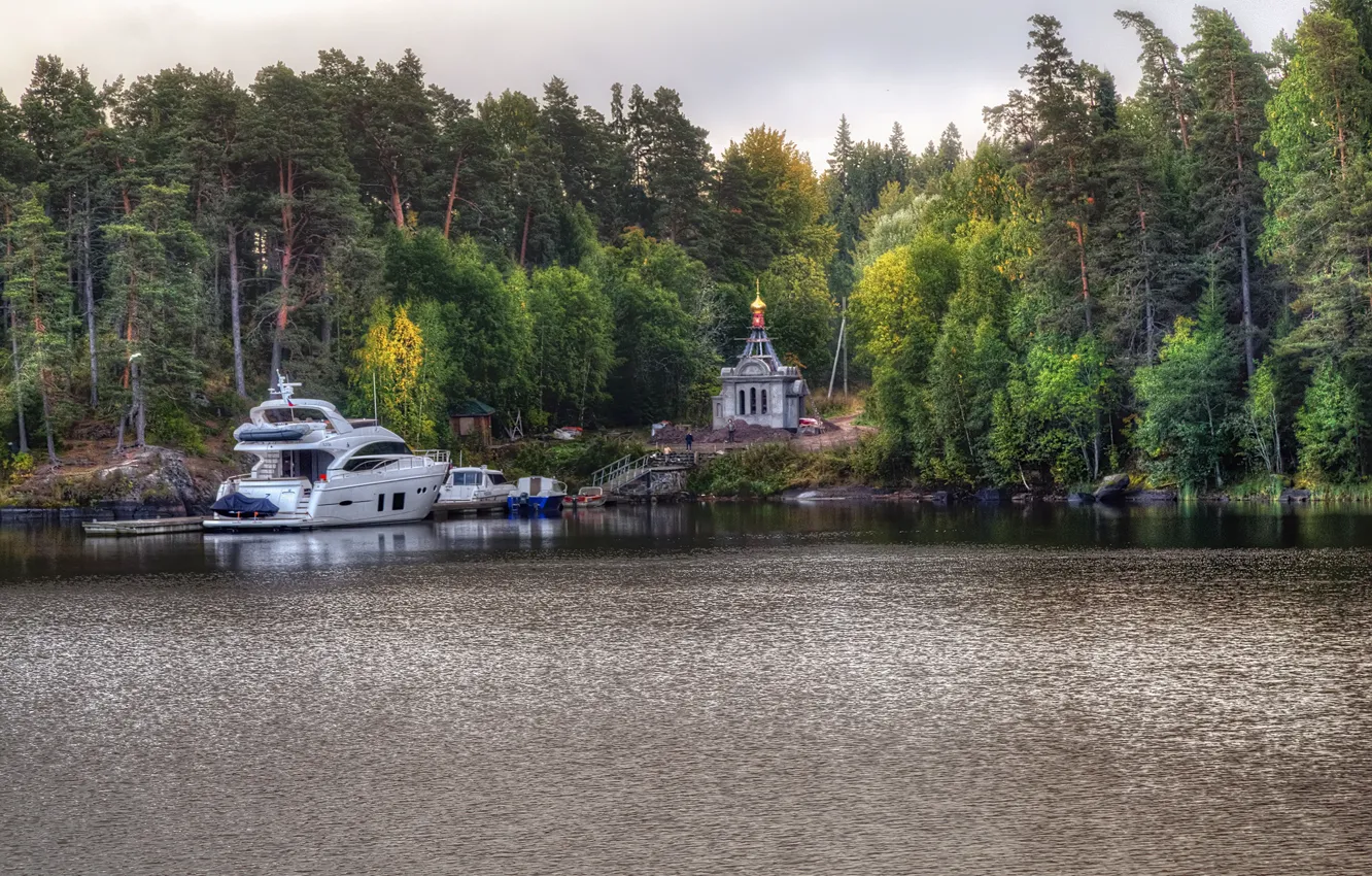 Фото обои лес, озеро, яхта, церковь, Россия, Ladoga
