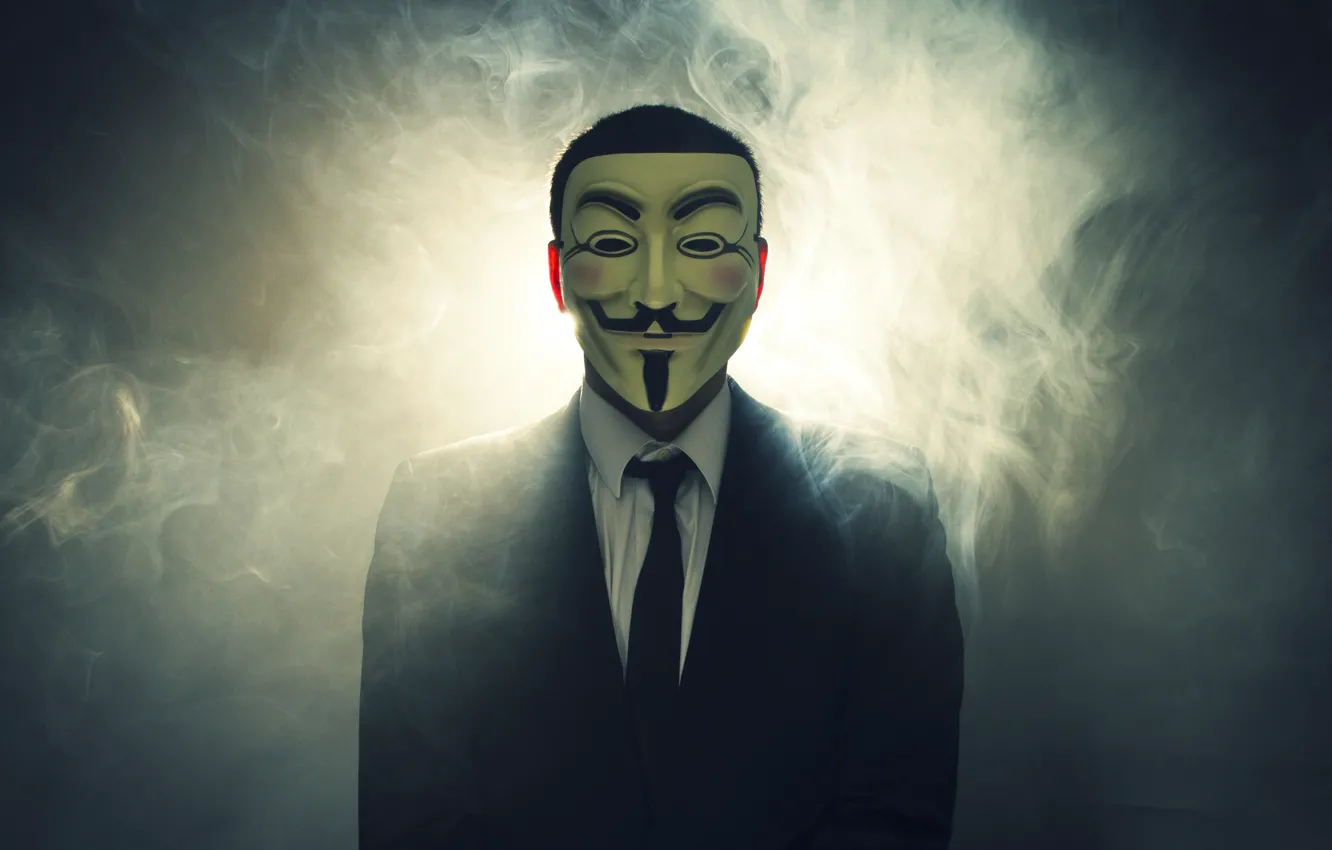 Фото обои свет, дым, маска, костюм, V for Vendetta