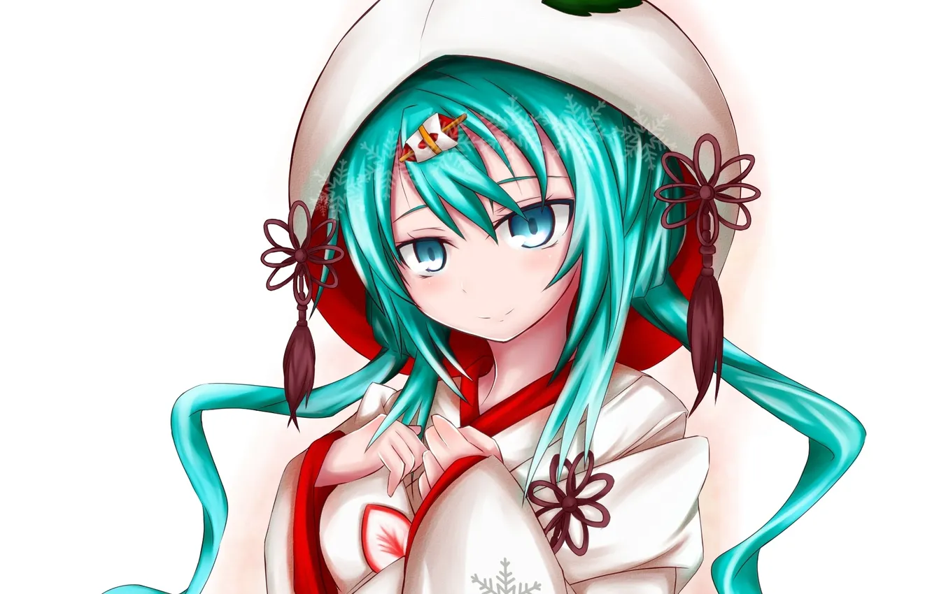 Фото обои девушка, лист, арт, кимоно, вокалоид, снежинка, yuki miku, k-14