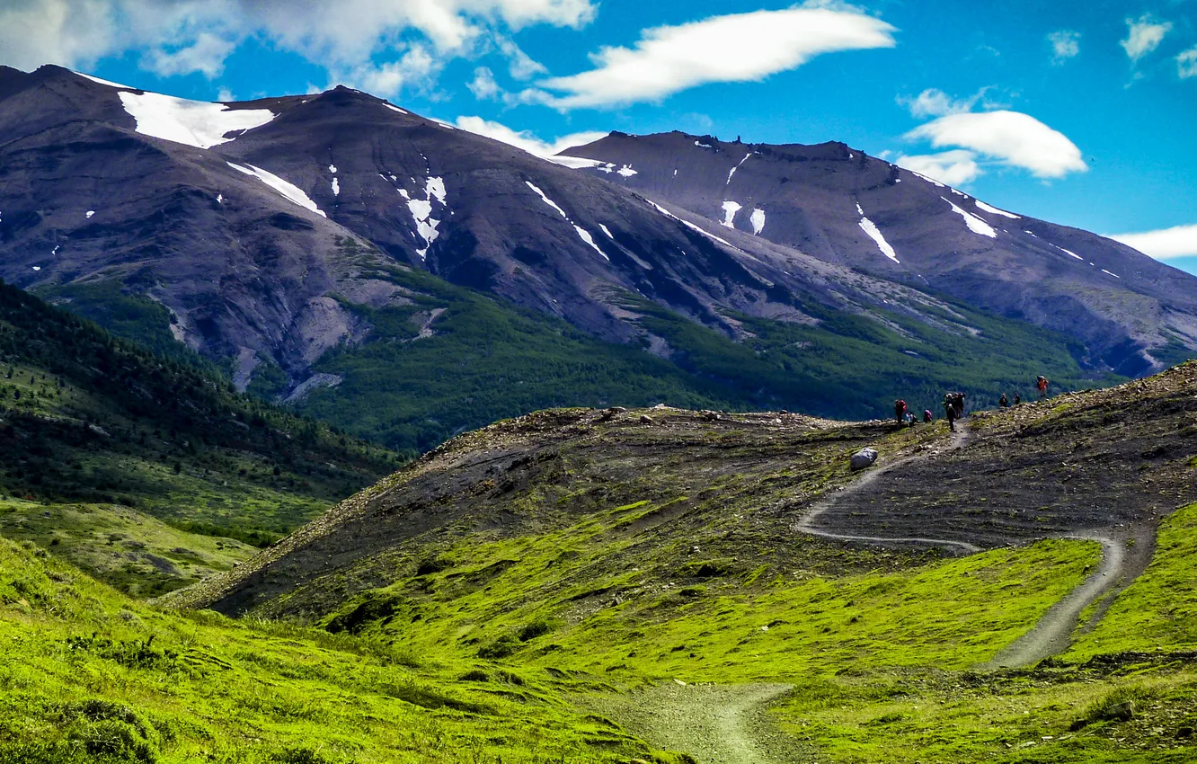 Фото обои горы, тропа, ущелье, Чили, туристы, Patagonia