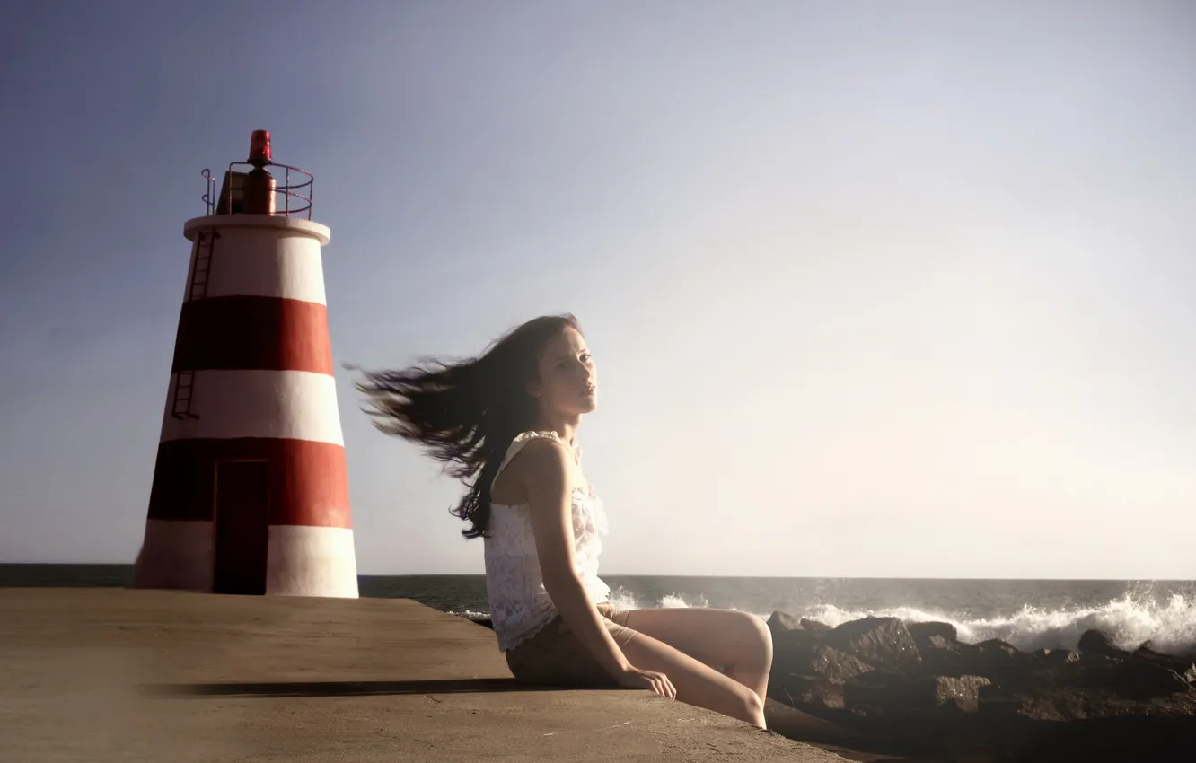 Фото обои море, девушка, настроение, маяк