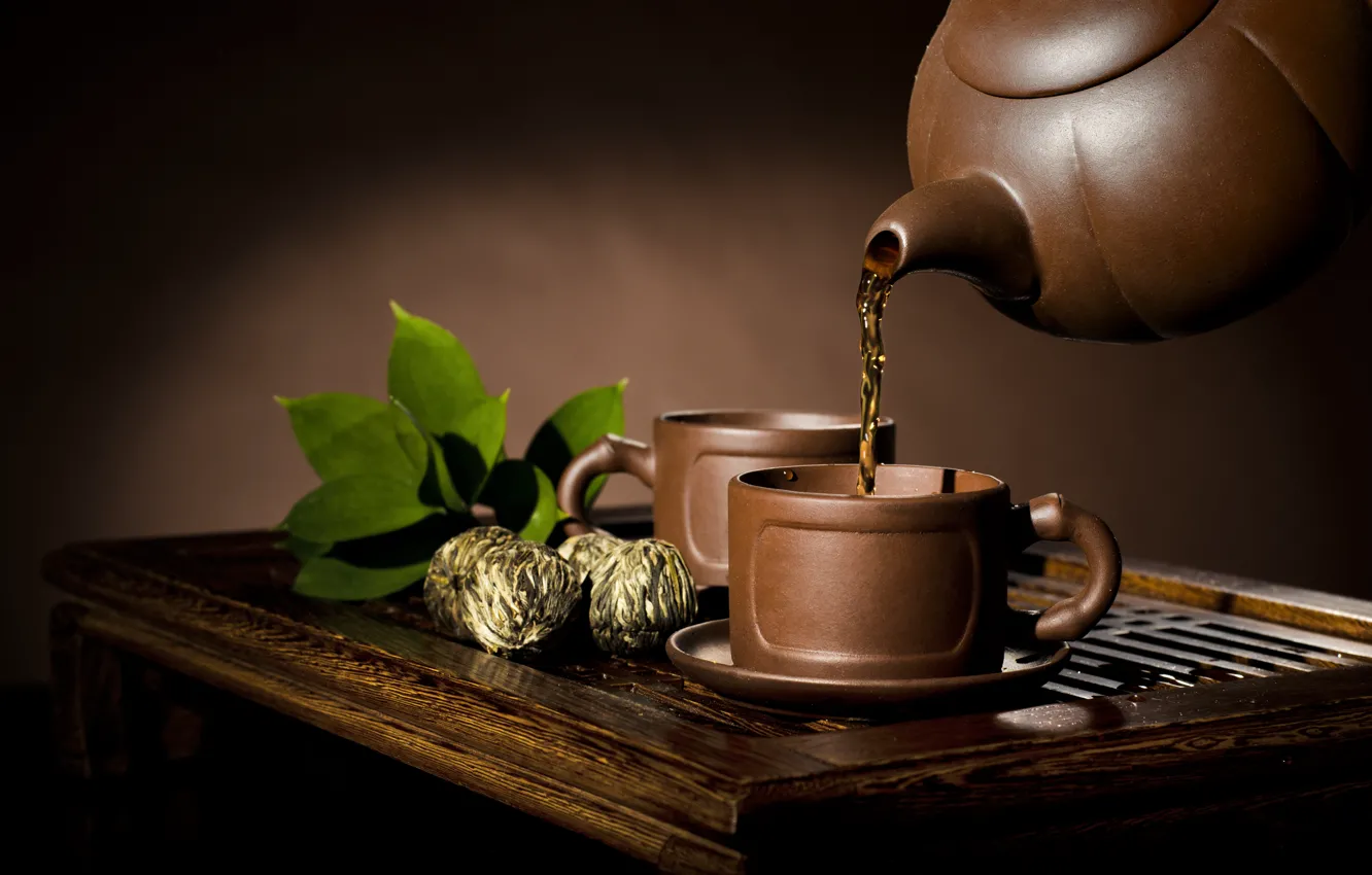Фото обои чай, чайник, чашки, посуда, заварка, глиняная, вязаный