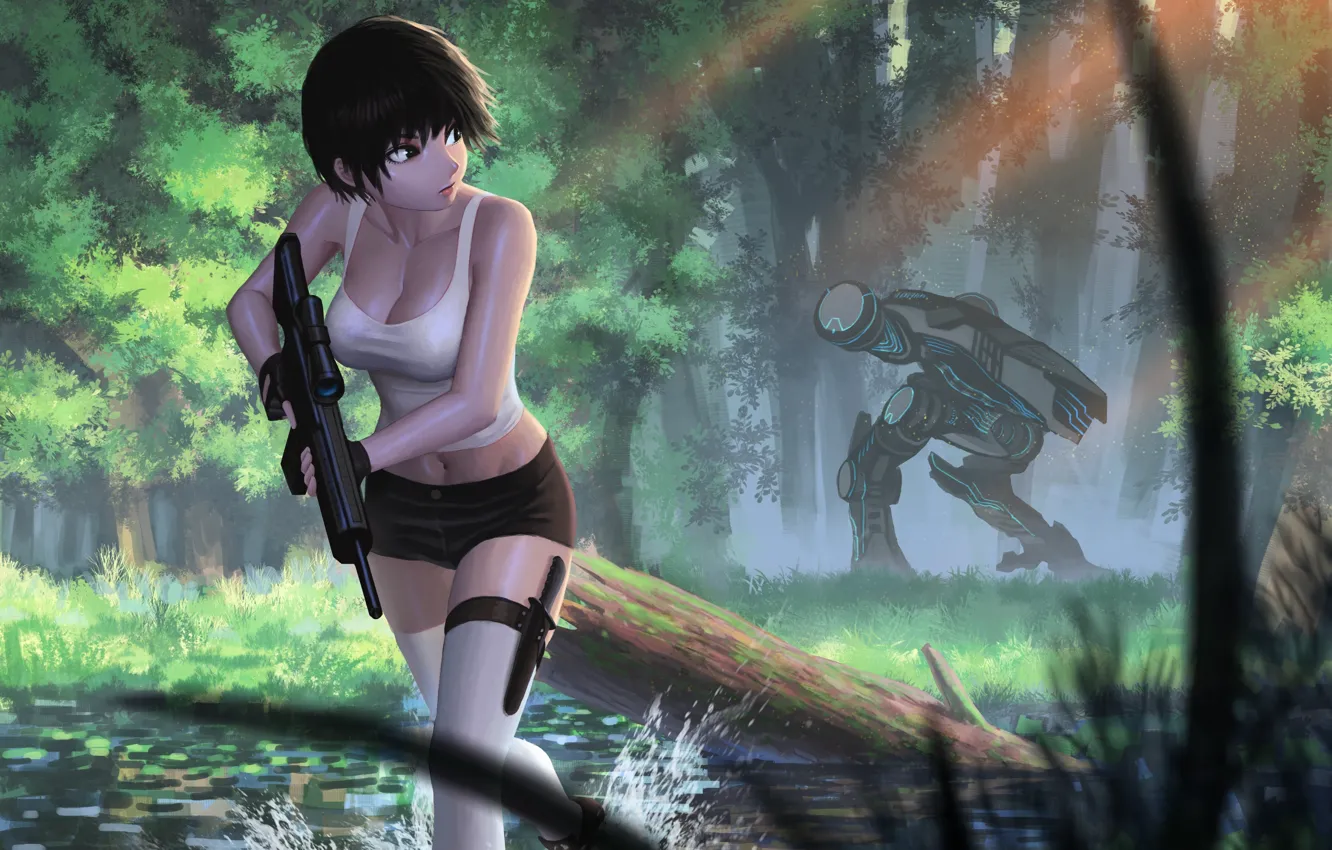 Фото обои девушка, оружие, робот, джунгли, арт
