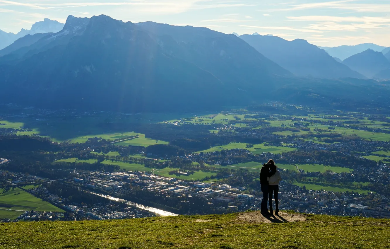 Фото обои девушка, горы, долина, пара, парень, отношения