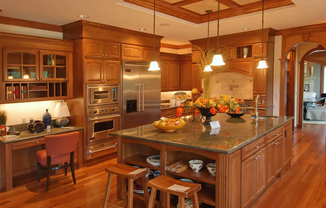 Фото обои стиль, техника, кухня, interior, светильники, стол., kitchen