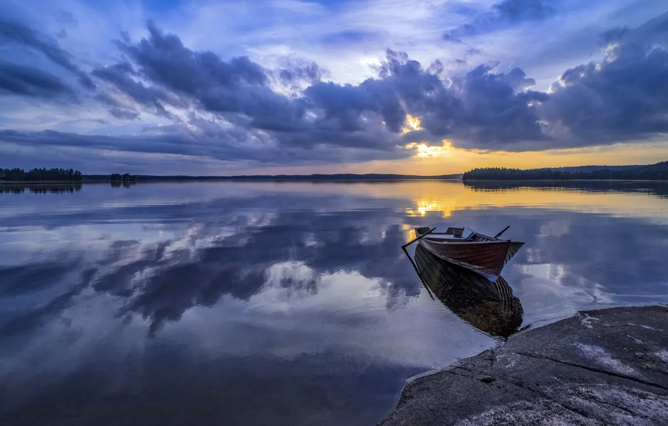 Фото обои закат, озеро, лодка, Финляндия