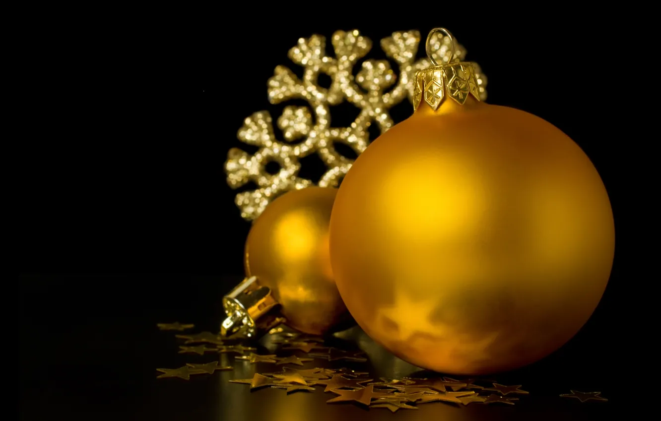 Фото обои фон, шары, черный, игрушки, Новый Год, Рождество, украшение, золотые