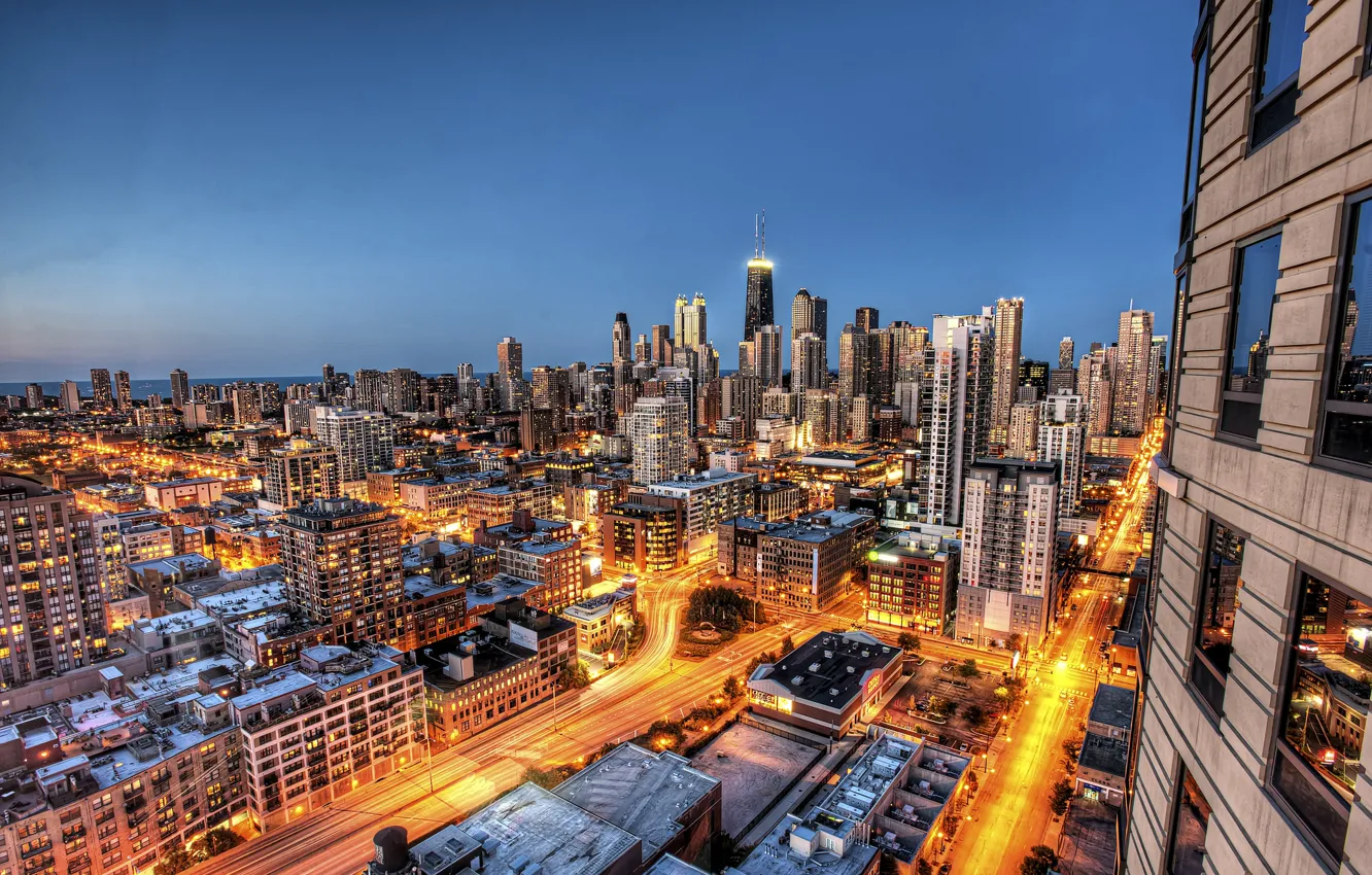 Фото обои город, здания, дома, небоскребы, вечер, выдержка, Чикаго, USA
