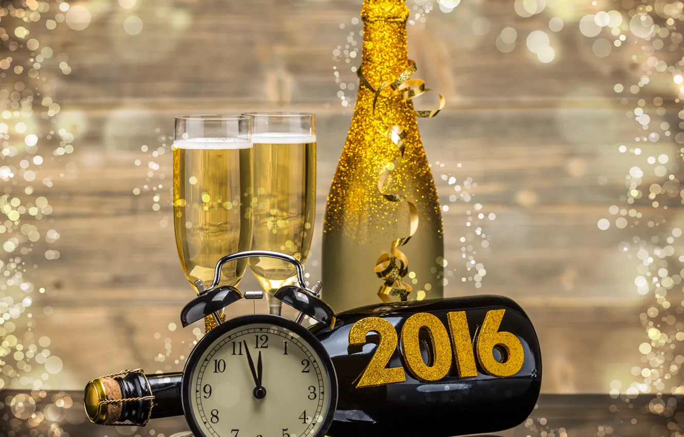 Фото обои часы, бутылка, Новый Год, бокалы, golden, шампанское, New Year, clock