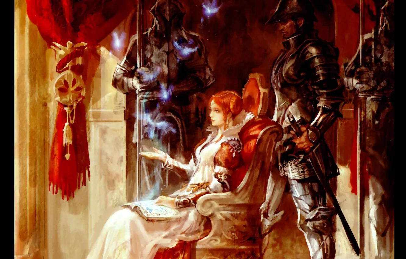 Фото обои магия, меч, доспехи, книга, рыжая, рыцари, трон, королева