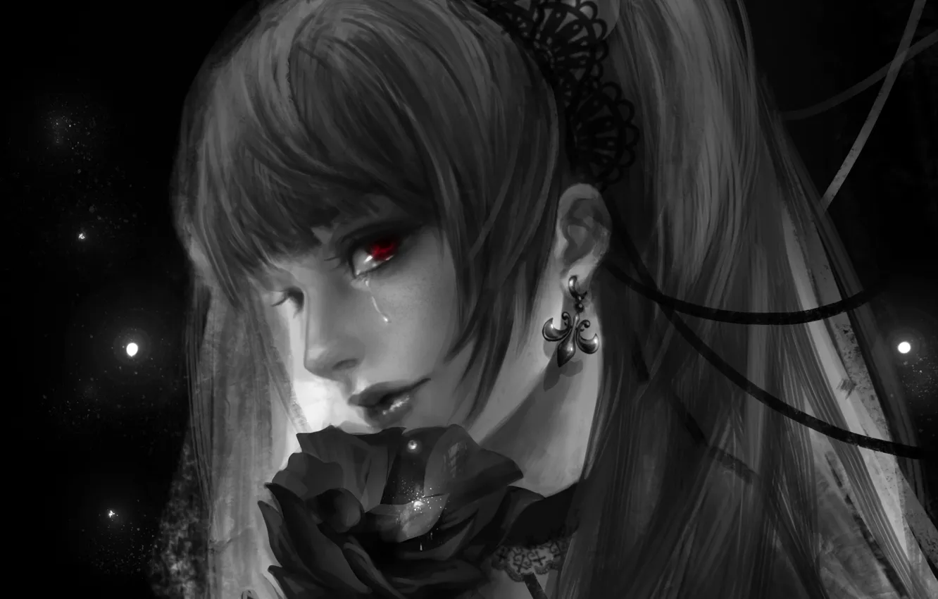 Фото обои цветок, девушка, слеза, death note, тетрадь смерти, art, красный глаз, rikamello