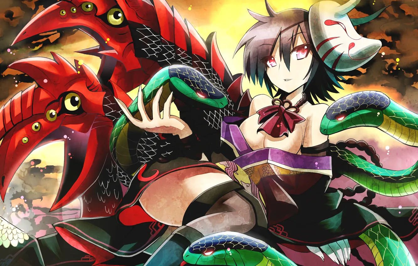 Фото обои девушка, змея, крылья, маска, арт, рога, бант, touhou