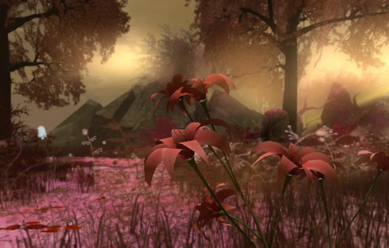 Фото обои деревья, пейзаж, цветы, природа, камни, коллаж