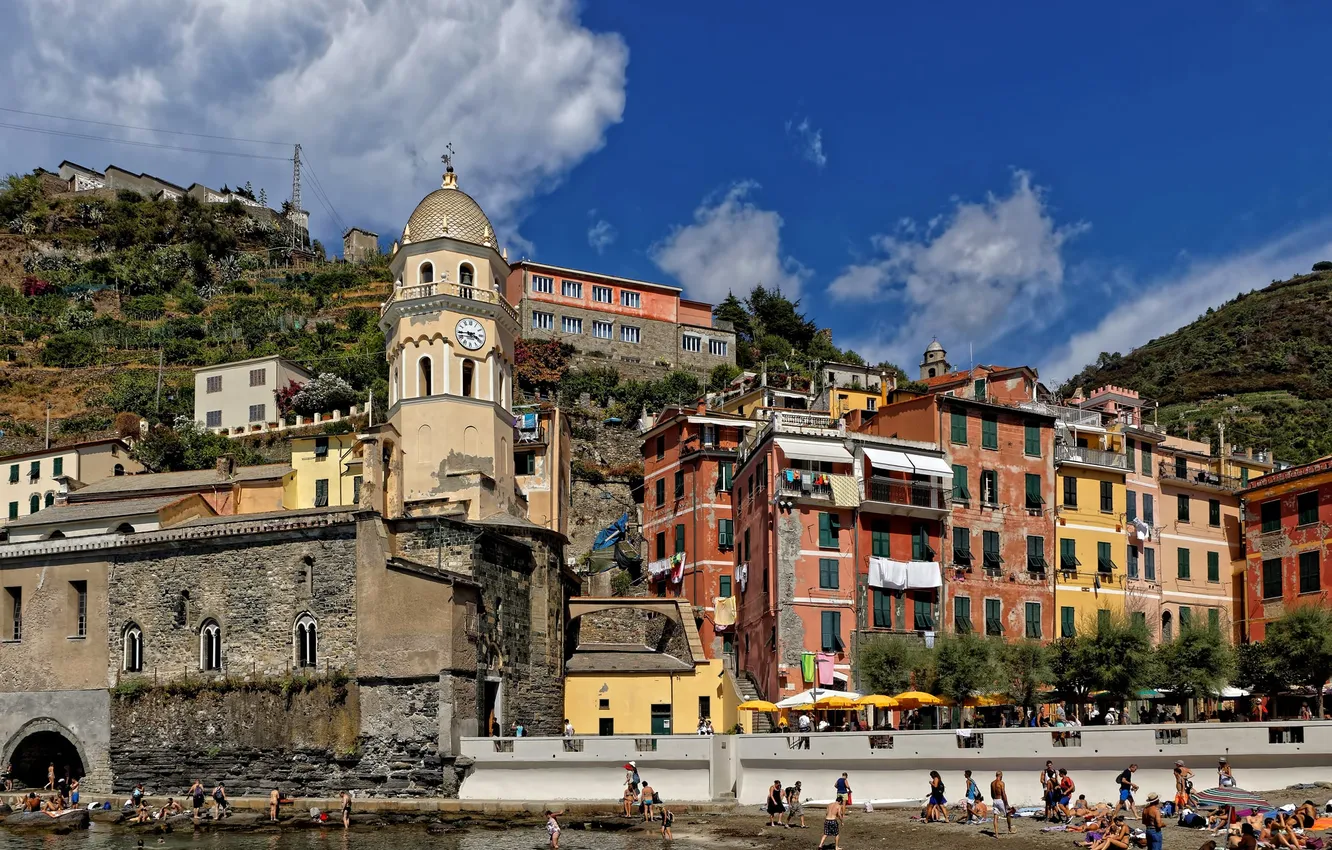 Фото обои скалы, башня, дома, Италия, Вернацца, Чинкве-Терре, Лигурийское побережье