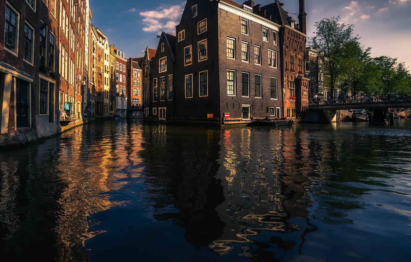 Фото обои город, дома, Амстердам, канал, Нидерланды