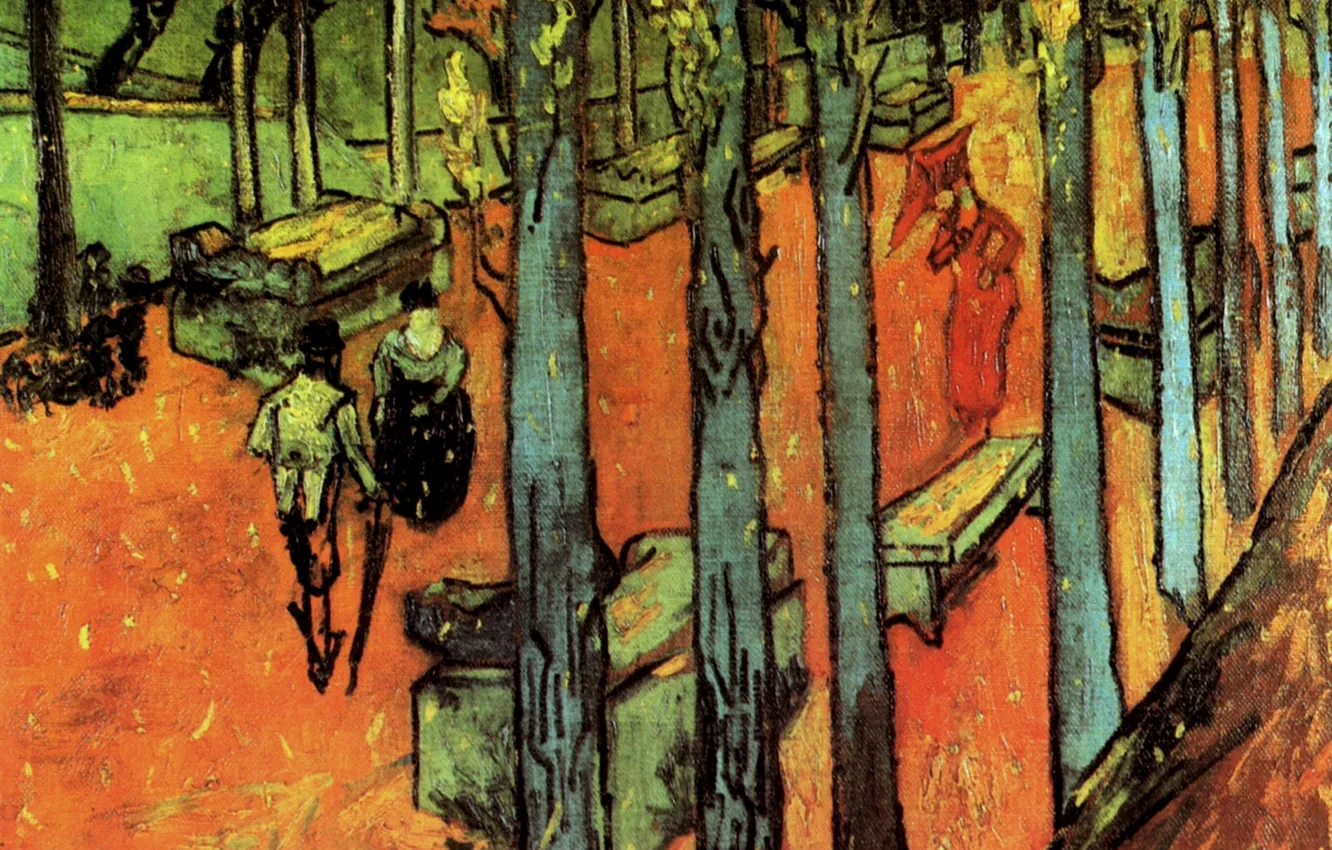 Фото обои деревья, лавочки, Vincent van Gogh, Leaves, Les Alyscamps, Falling Autumn, гуляющие