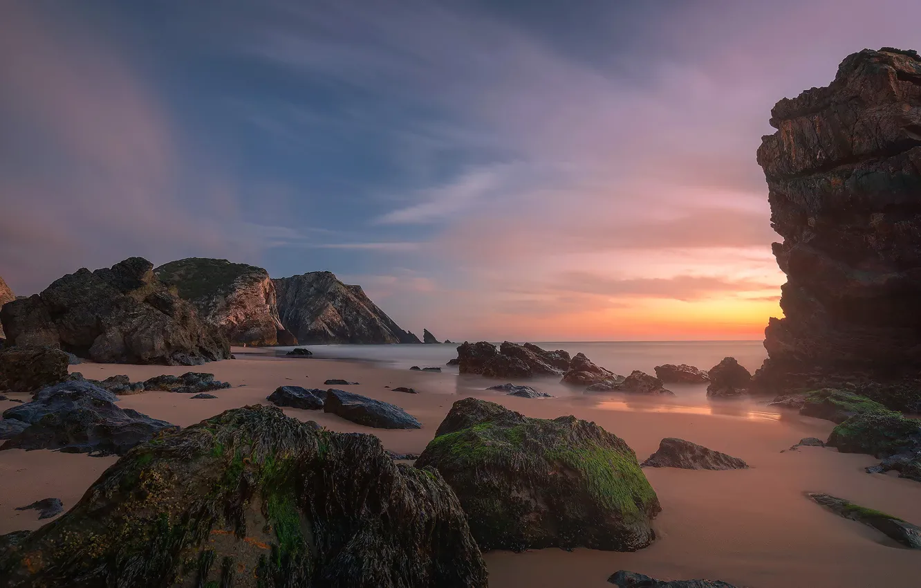 Фото обои море, пляж, водоросли, закат, камни, скалы, берег