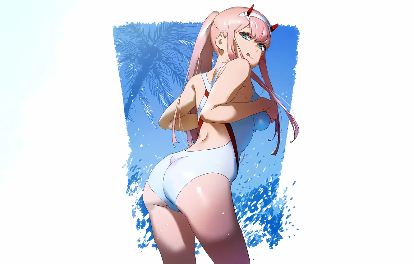 Фото обои girl, sexy, ass, pink hair, horns, green eyes, long hair, boobs