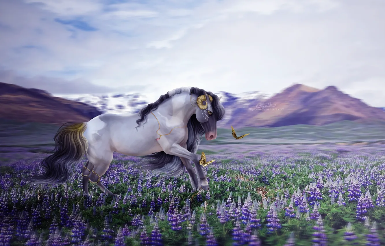 Фото обои бабочки, цветы, горы, природа, лошадь, by ellipsiem