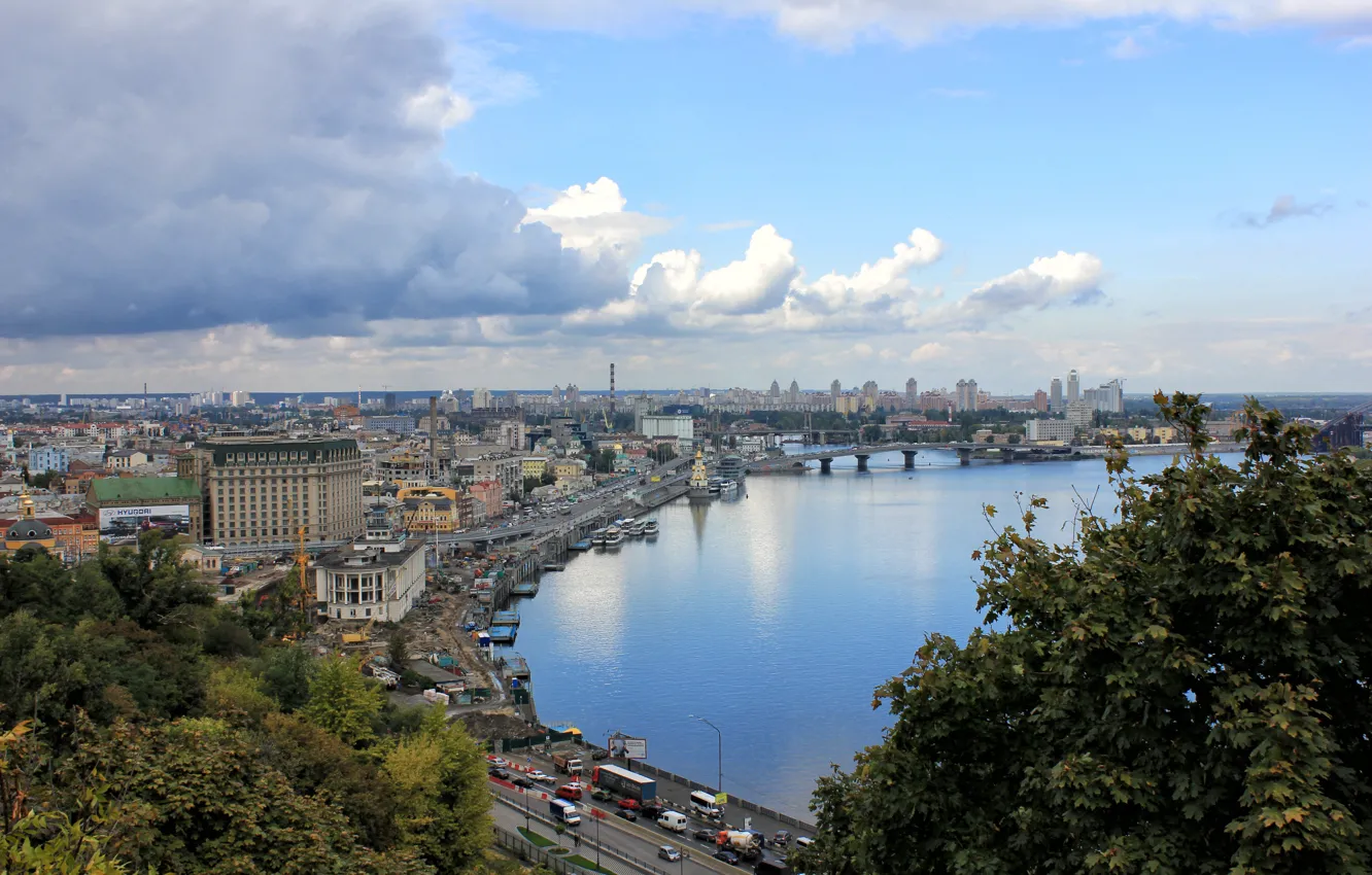 Фото обои лето, небо, вода, город, река, украина, днепр, киев