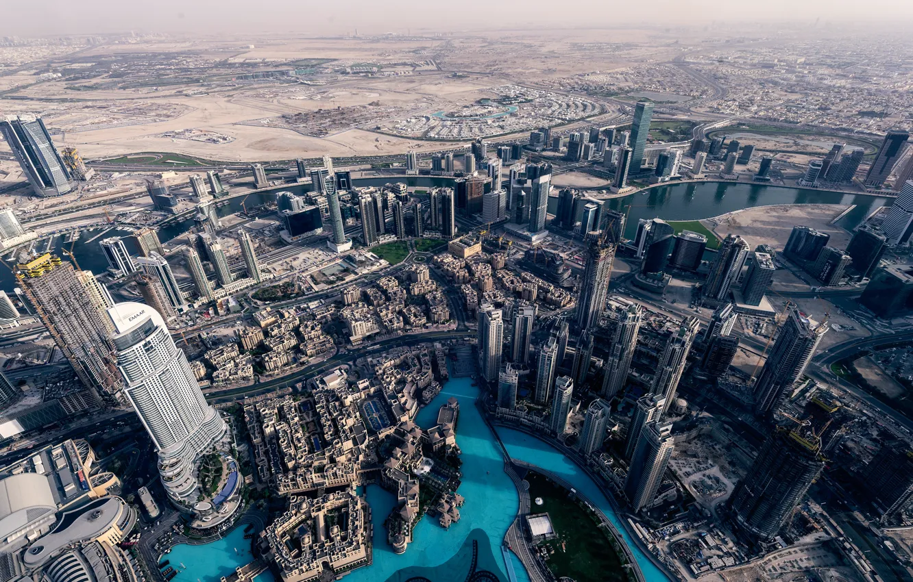 Фото обои город, панорама, Дубай, вид сверху