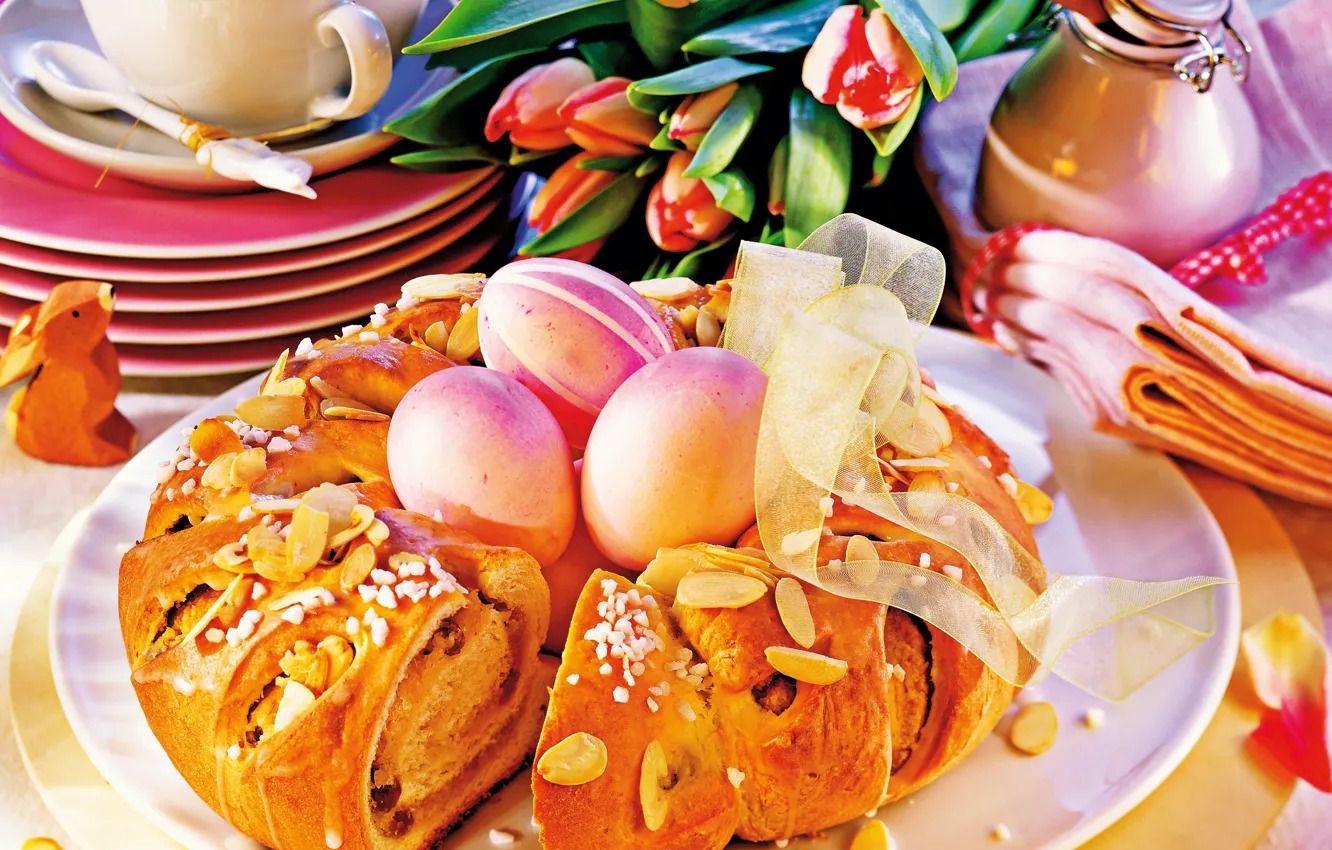 Фото обои кофе, яйца, Пасха, тюльпаны, кулич