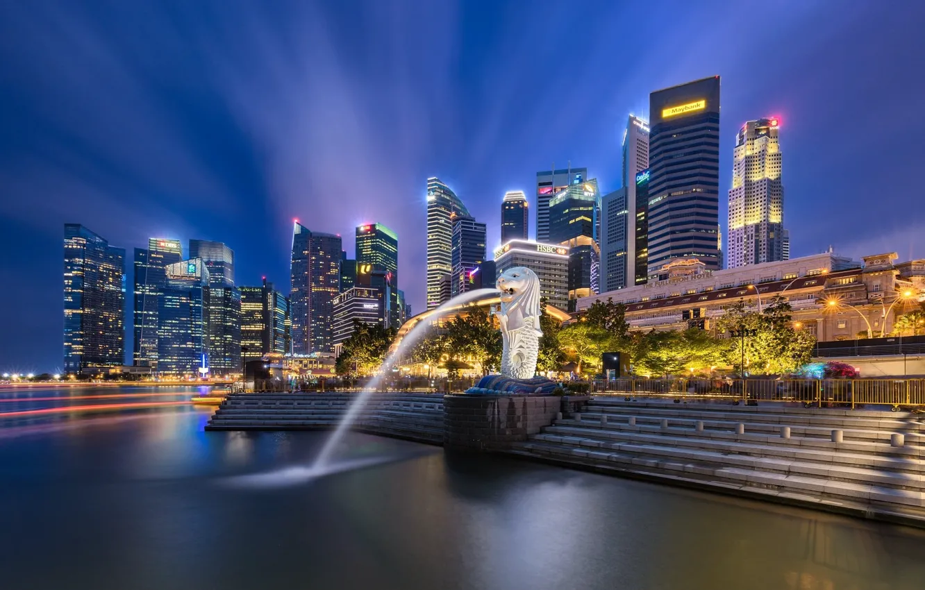 Фото обои лучи, ночь, Сингапур, фонтан, Singapore