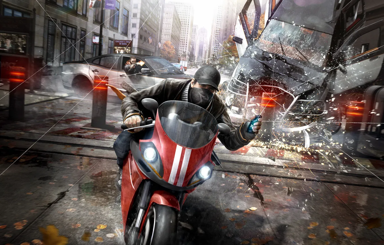 Фото обои Пистолет, Оружие, Плащ, Свитер, Телефон, Ubisoft, Watch Dogs, Aiden Pierce