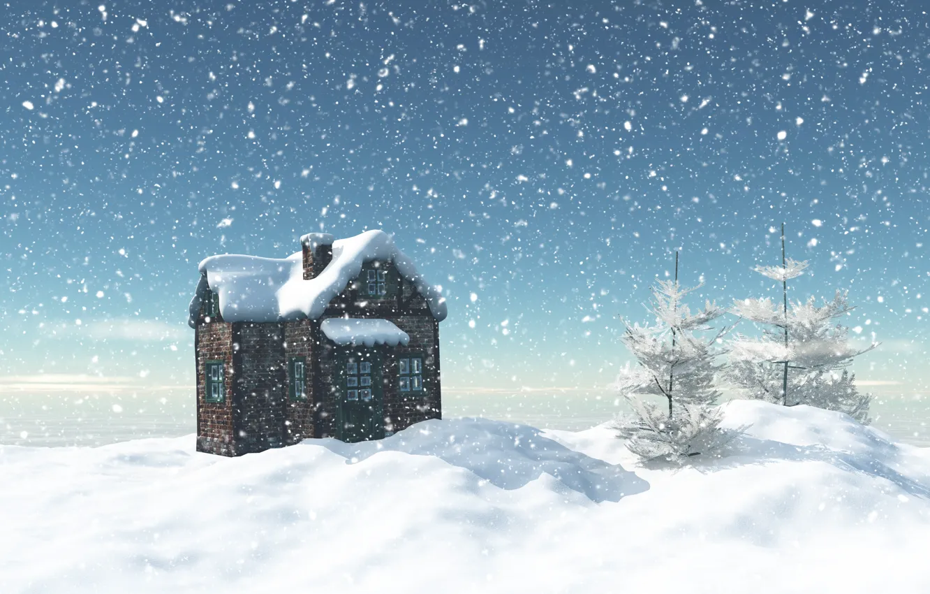 Фото обои зима, небо, снег, деревья, снежинки, дом, ели, сугробы