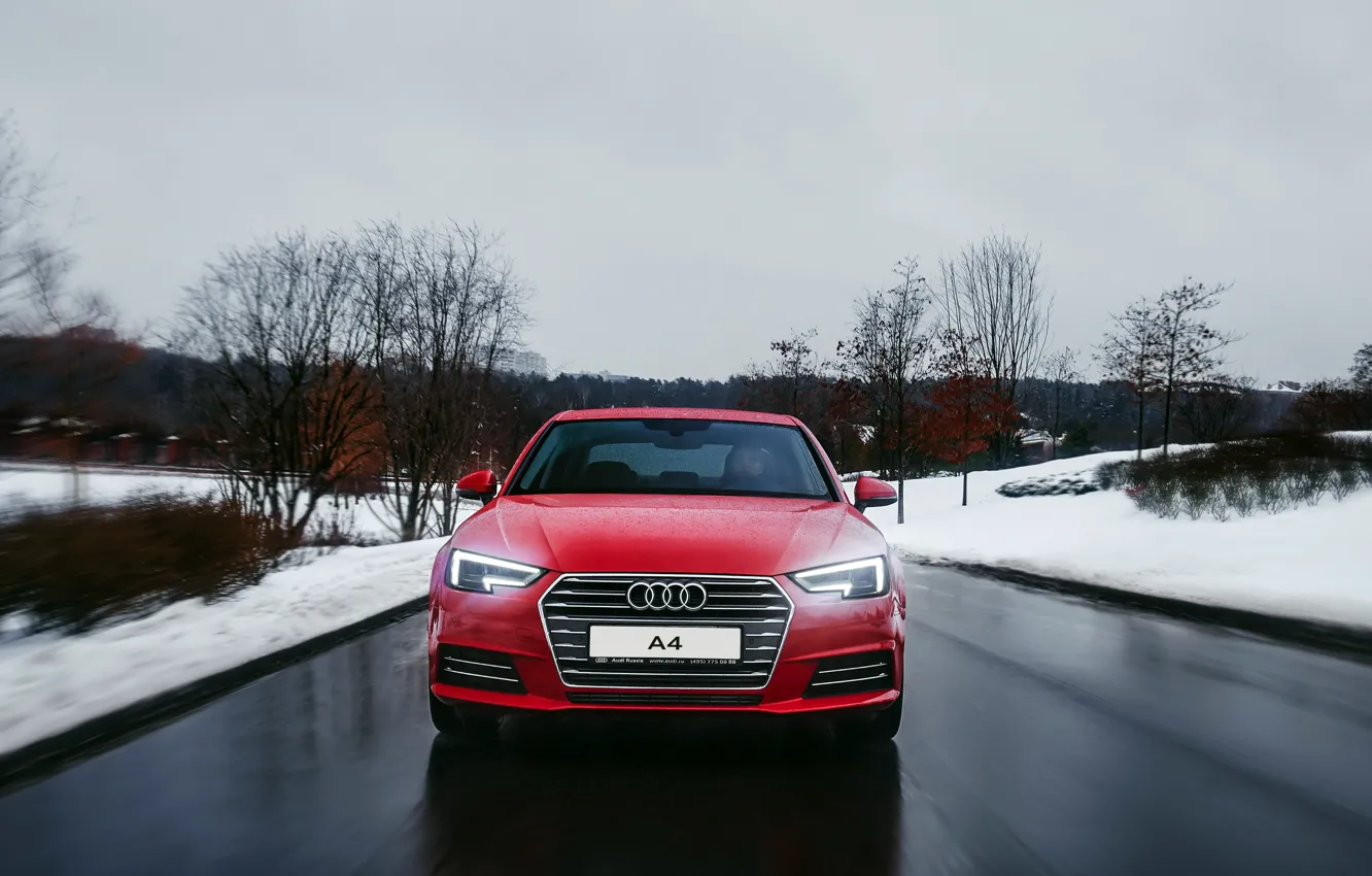 Фото обои зима, дорога, снег, Audi, ауди, красная