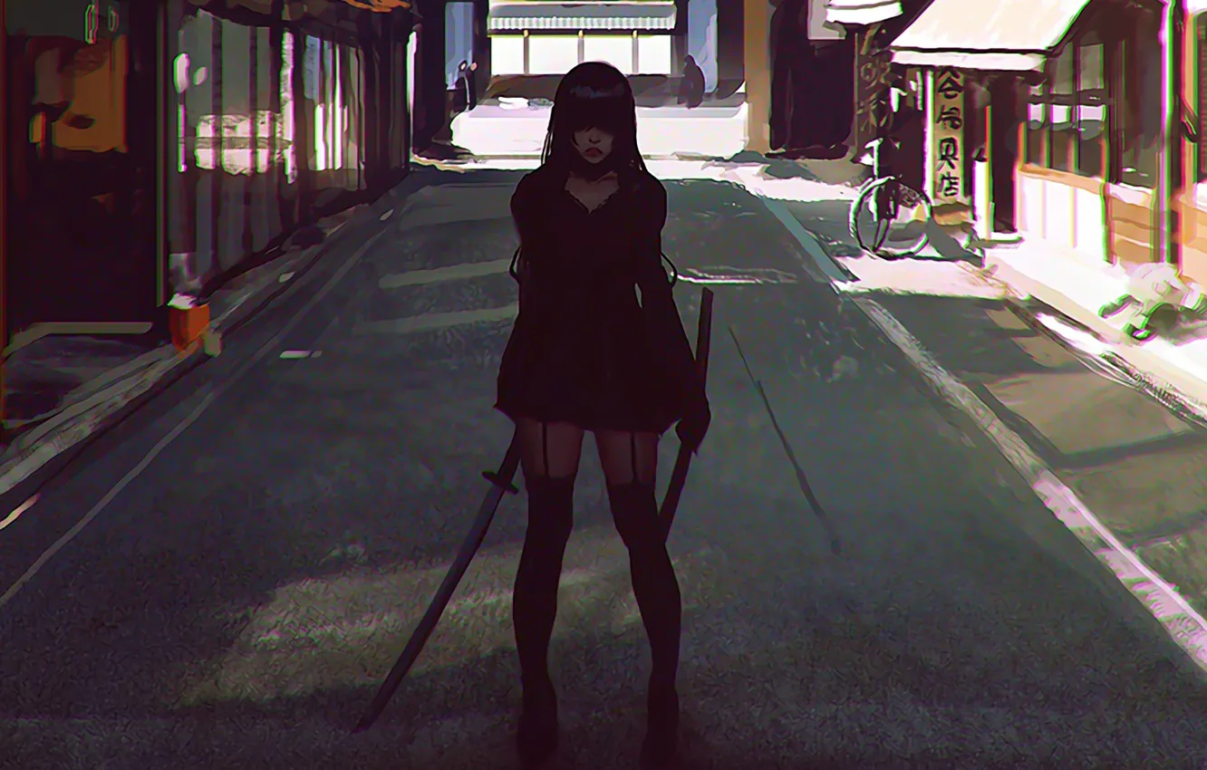 Фото обои девушка, улица, япония, меч, катана, чулки, аниме, арт