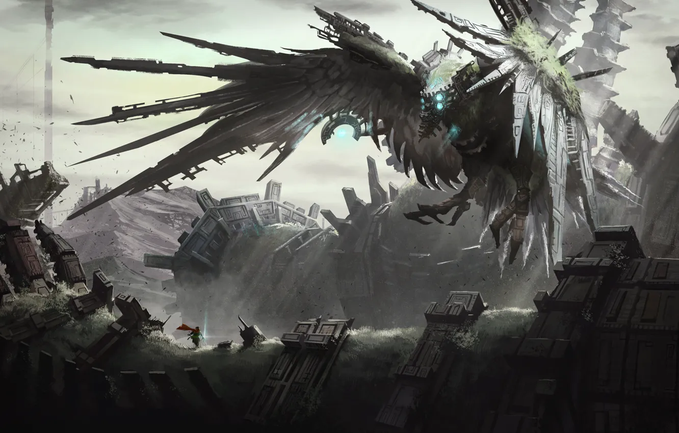 Фото обои фантастика, птица, человек, механизм, крылья, арт, герой, руины