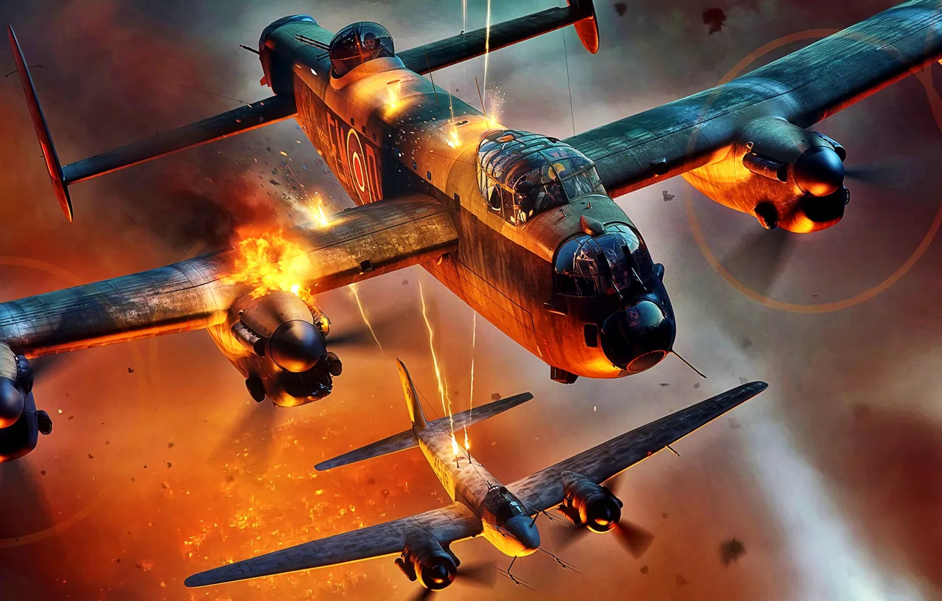 Фото обои огонь, Вторая Мировая война, Lancaster, тяжелый бомбардировщик, Avro, ночная бомбардировка Германии, Ju-88R-2, тяжелый ночной истребитель