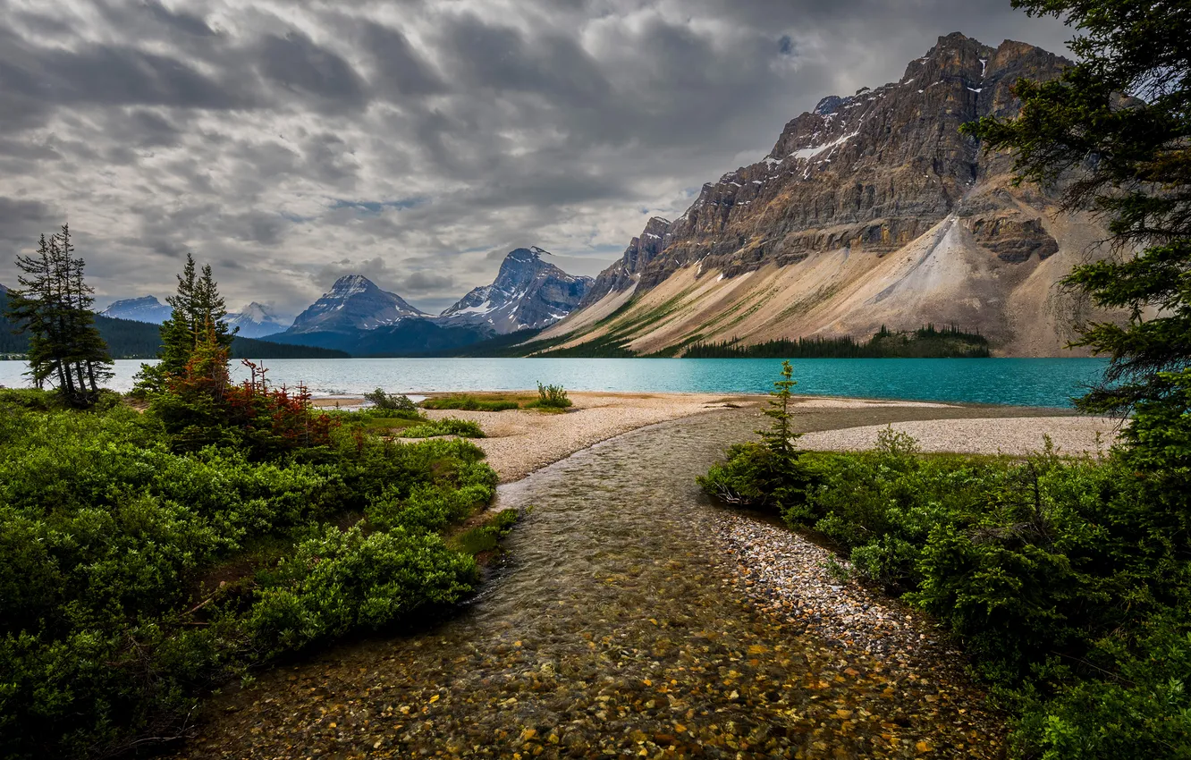 Фото обои Природа, Облака, Горы, Озеро, Канада, Пейзаж, Банф, Bow Lake