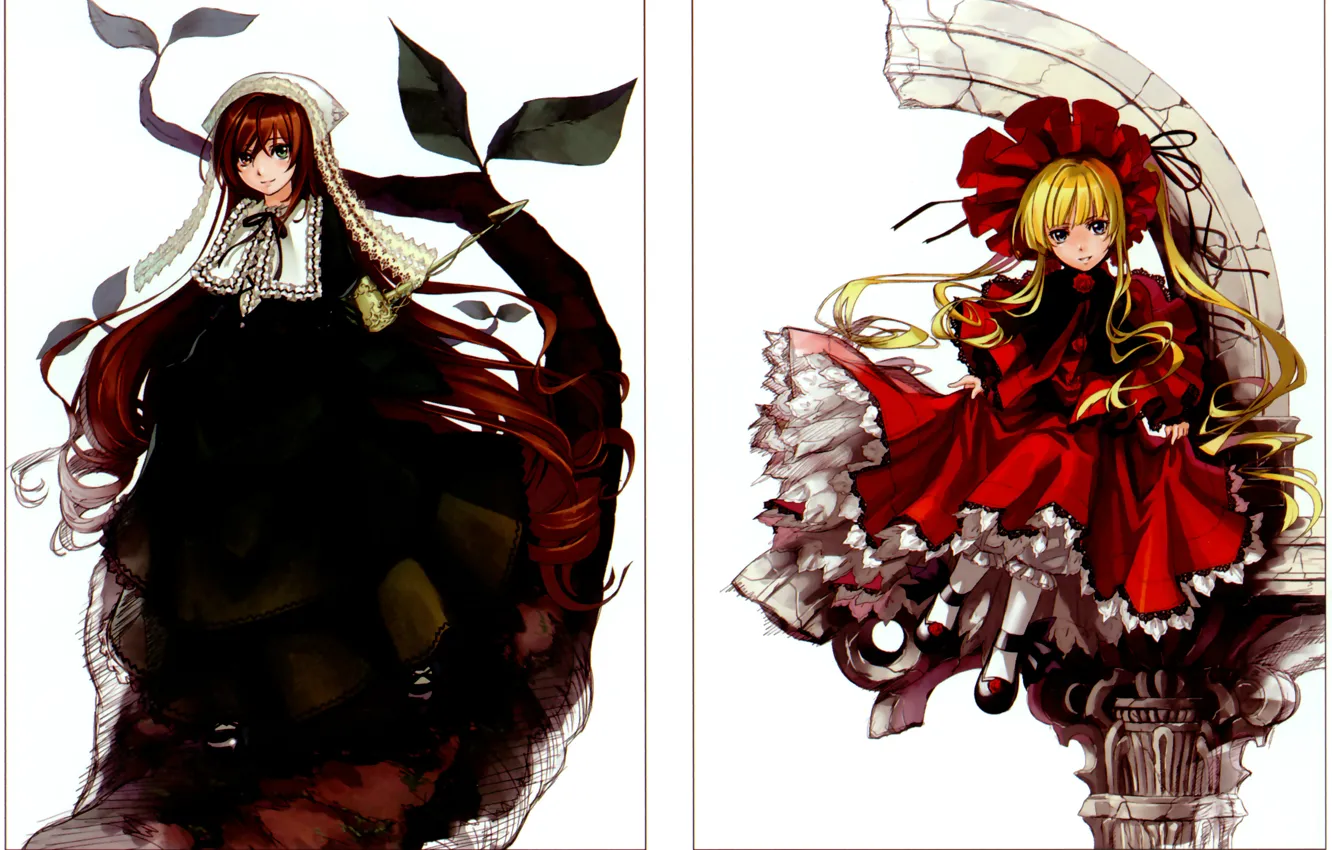 Фото обои белый фон, чепчик, rozen maiden, оборки, разные глаза, shinku, капор, suiseiseki