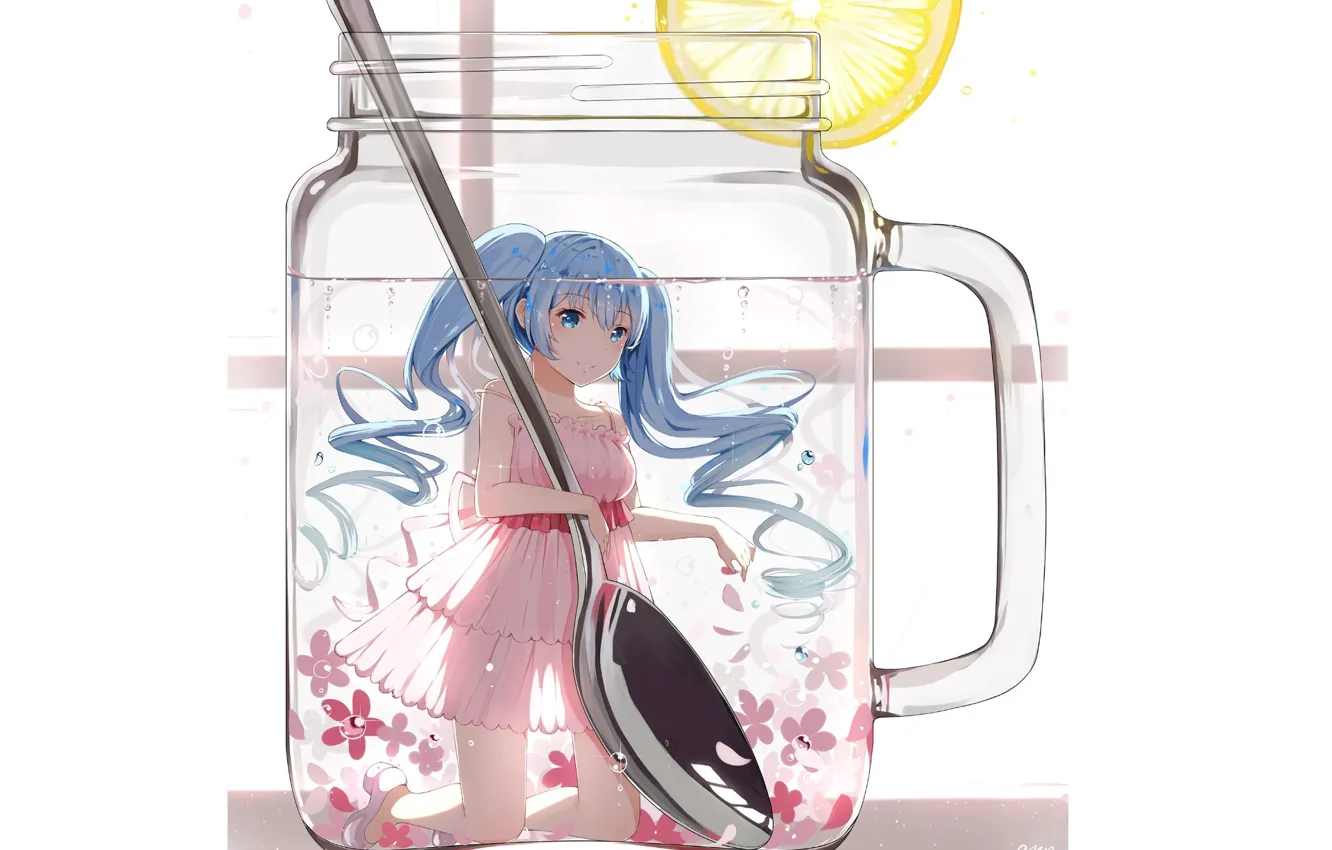 Фото обои вода, улыбка, лимон, ложка, кружка, белый фон, цветочки, Hatsune Miku