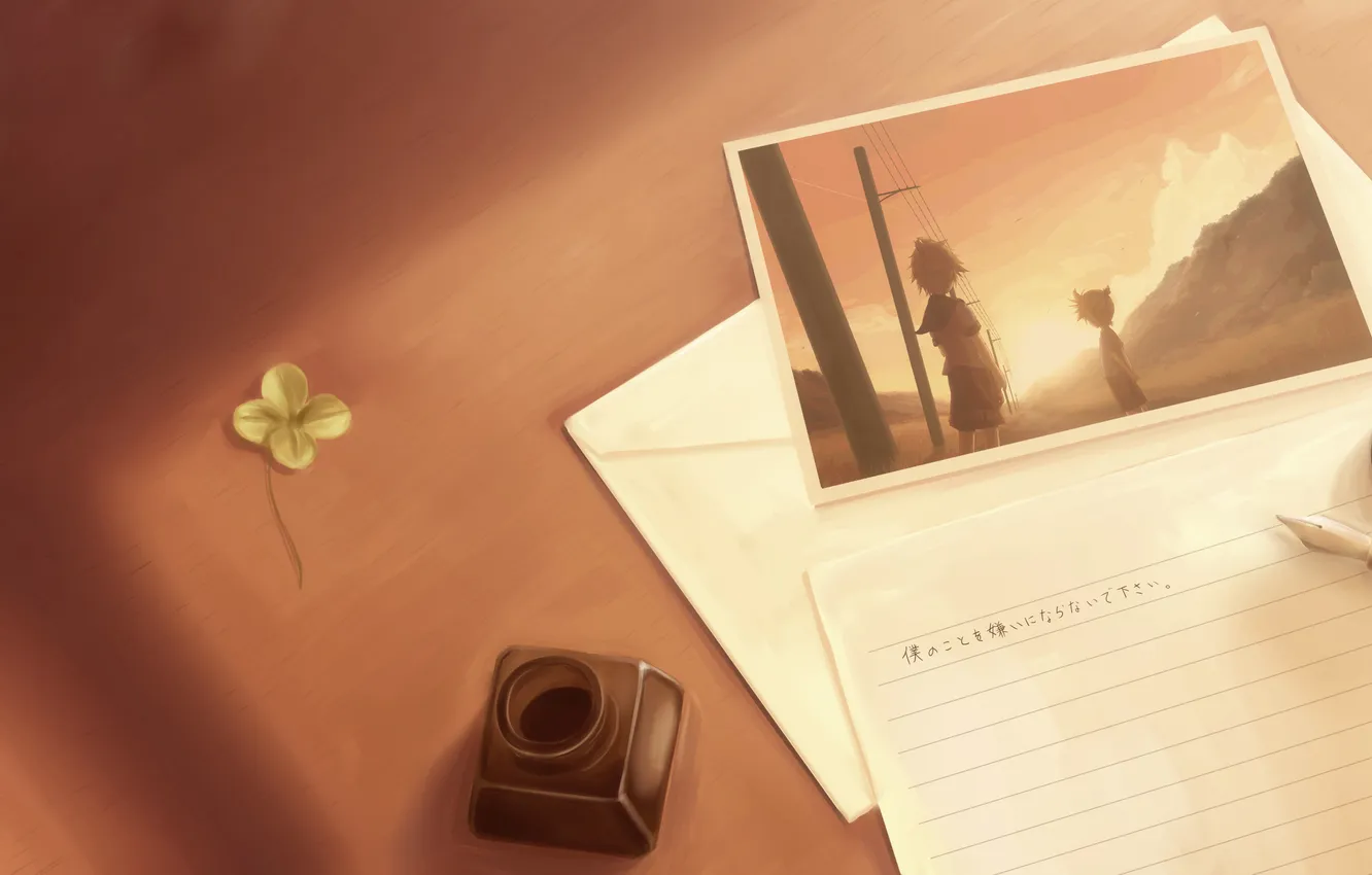 Фото обои письмо, стол, перо, фотография, мальчик, арт, ручка, листик