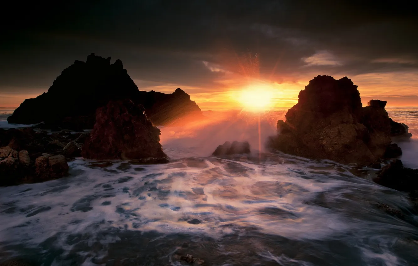 Фото обои море, пейзаж, закат, скалы