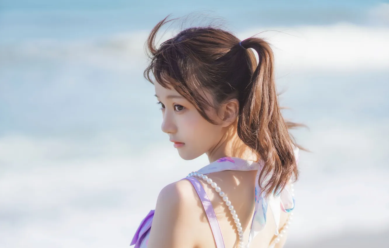 Фото обои Beautiful, Asian, Model, Coast, Beach, Woman, Pearl, Ocean
