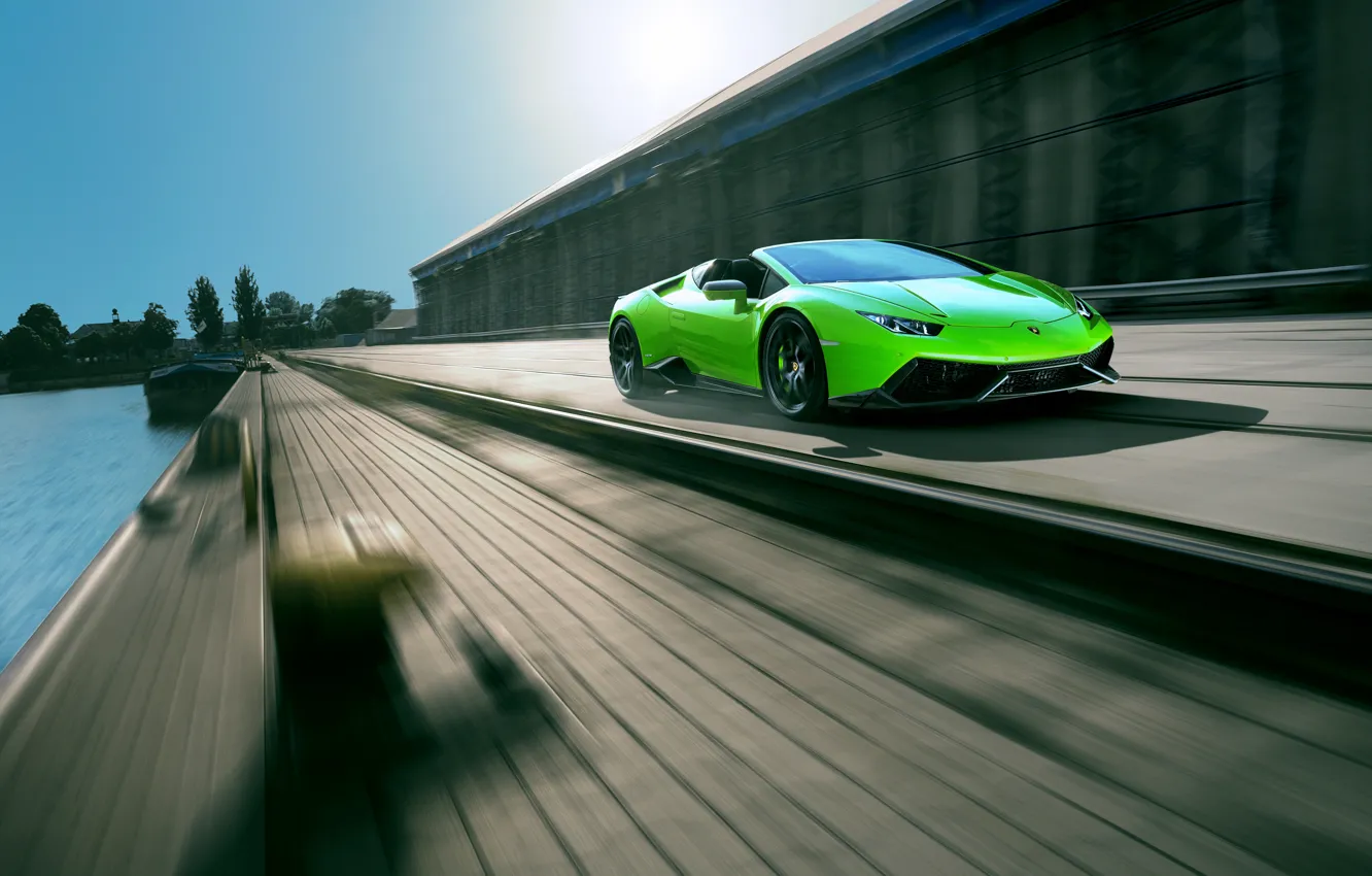 Фото обои car, авто, green, Lamborghini, supercar, в движении, Spyder, speed