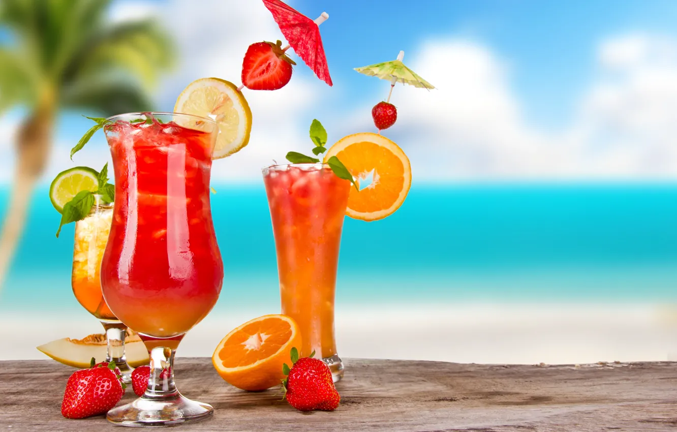 Фото обои море, пляж, коктейль, summer, фрукты, beach, fresh, sea