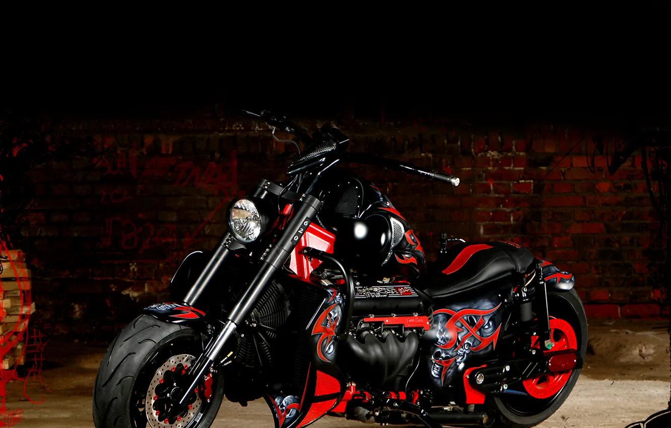 Фото обои красный, мотоцикл, черно, boss hoss, аэрография.