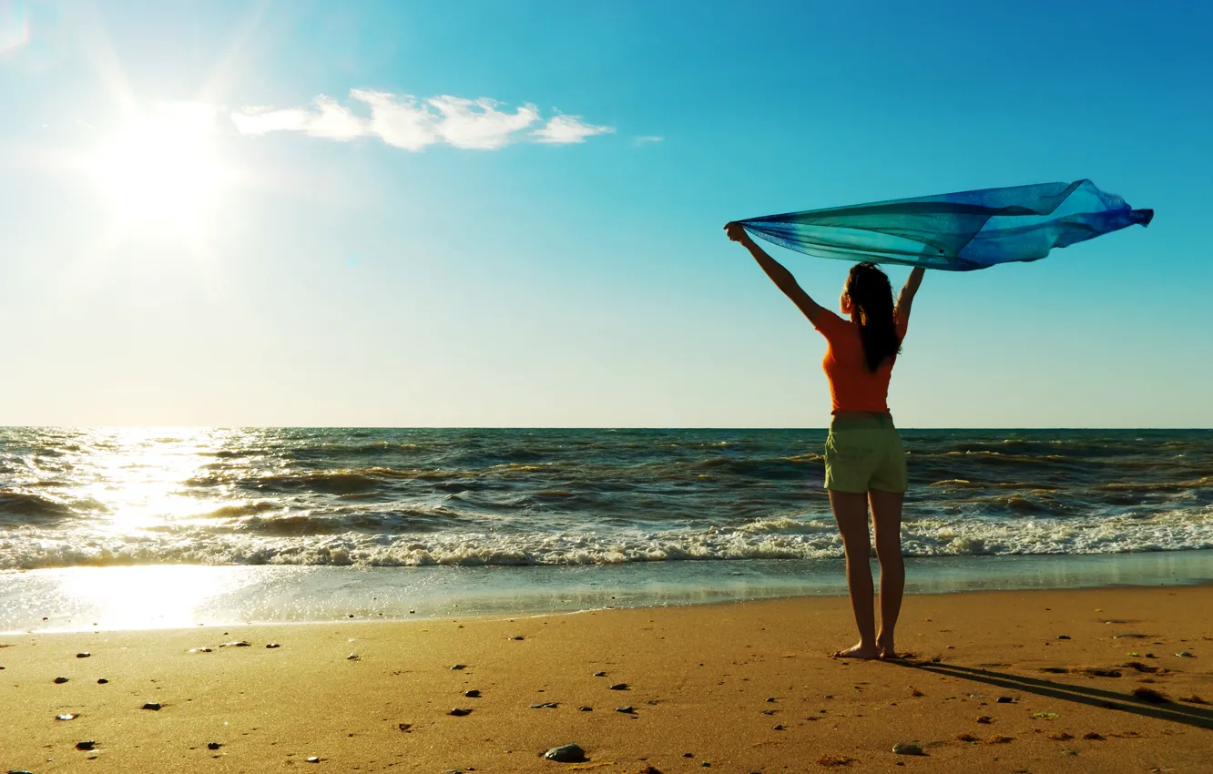 Фото обои песок, море, пляж, свобода, вода, солнце, радость, девушки