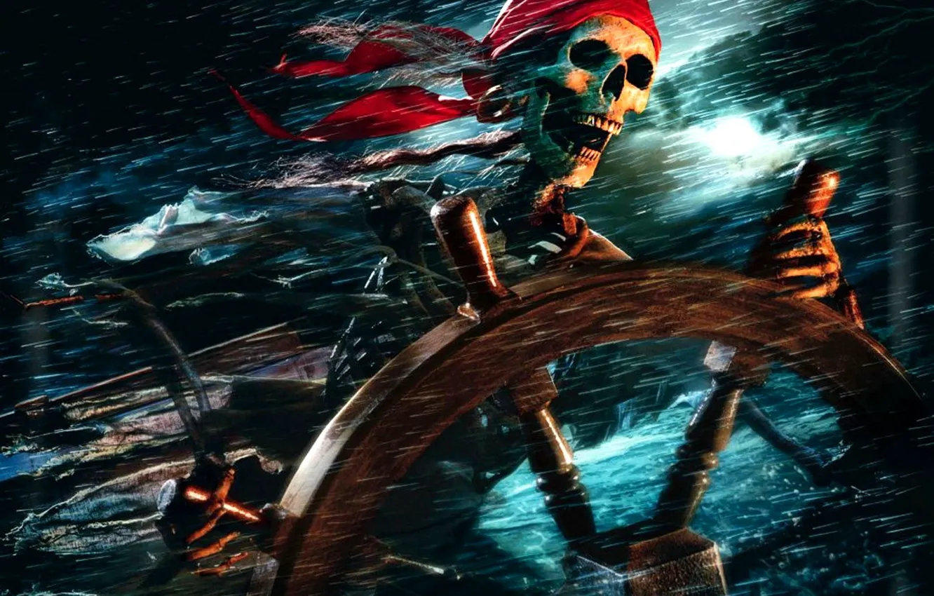 Фото обои скелет, пираты карибского моря, штурвал