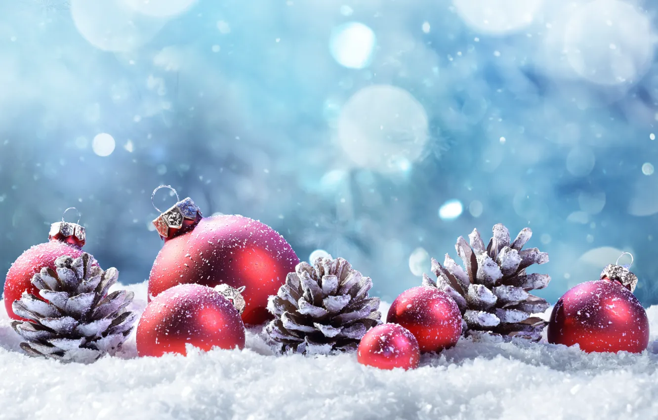 Фото обои зима, снег, украшения, шары, елка, Новый Год, Рождество, happy
