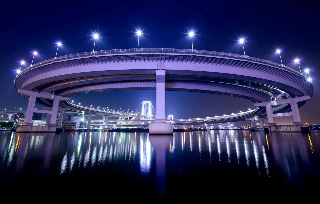 Фото обои ночь, мост, огни, отражение, Япония, подсветка, Токио, фонари