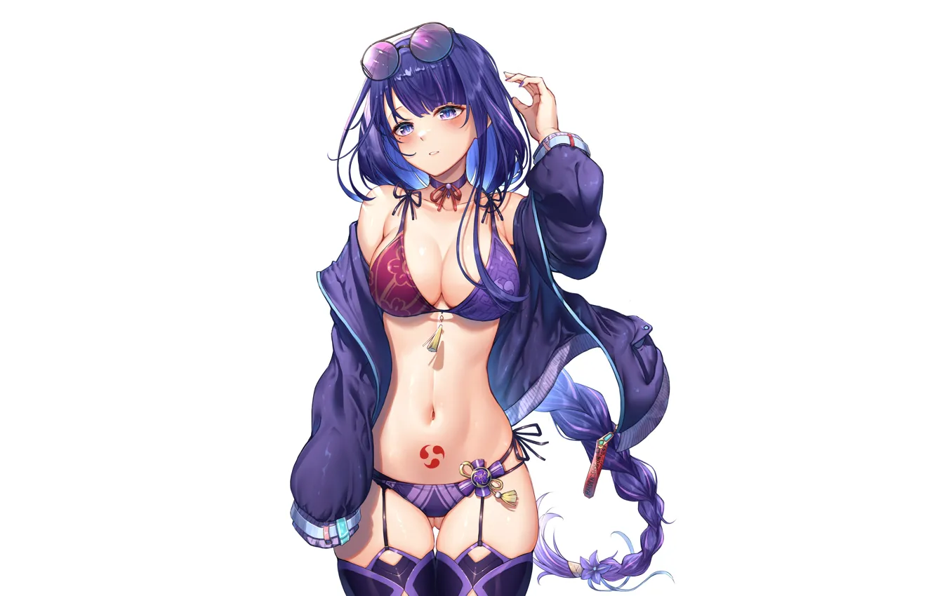 Фото обои girl, sexy, cleavage, thighhighs, long hair, boobs, anime, beautiful