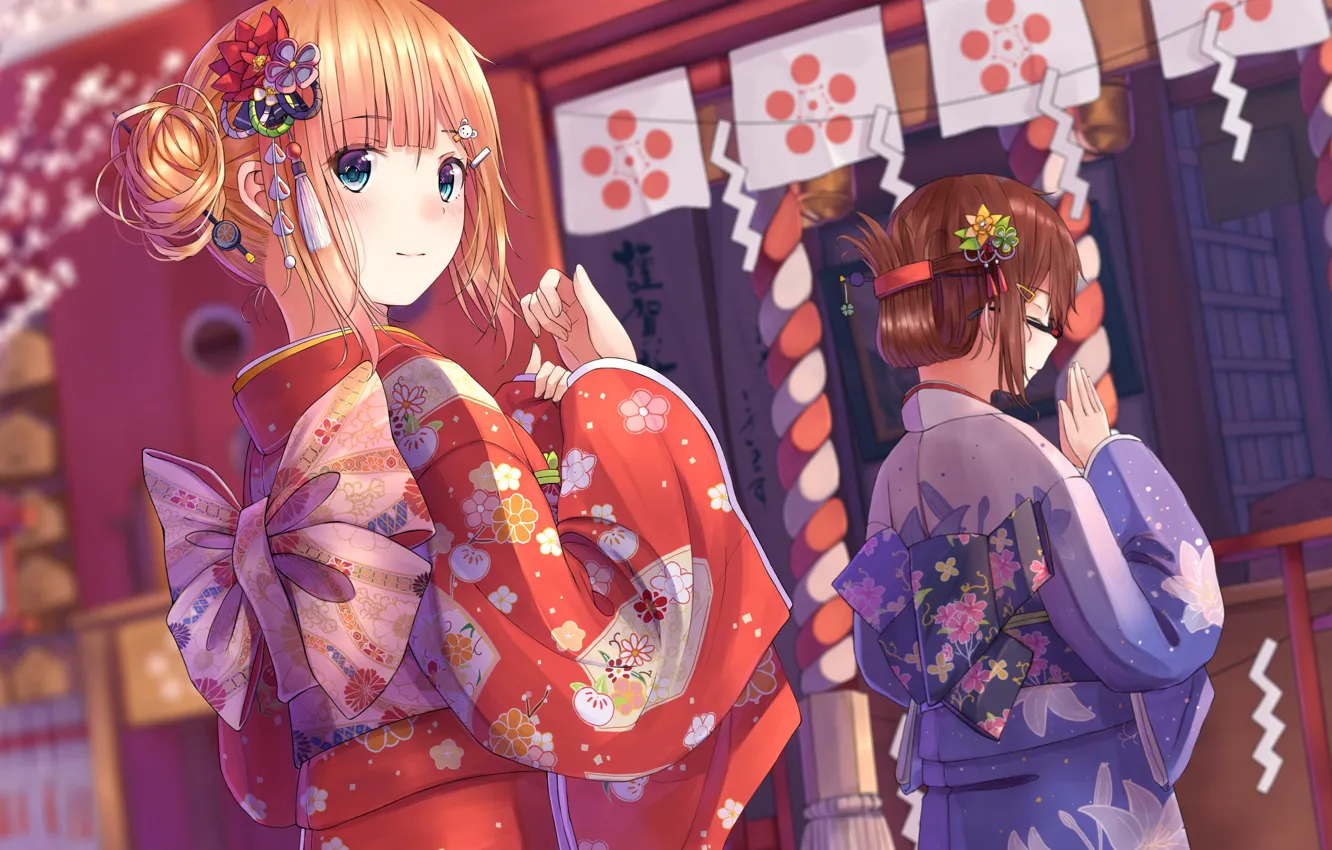 Фото обои праздник, Япония, юкаты, девушки.фестиваль