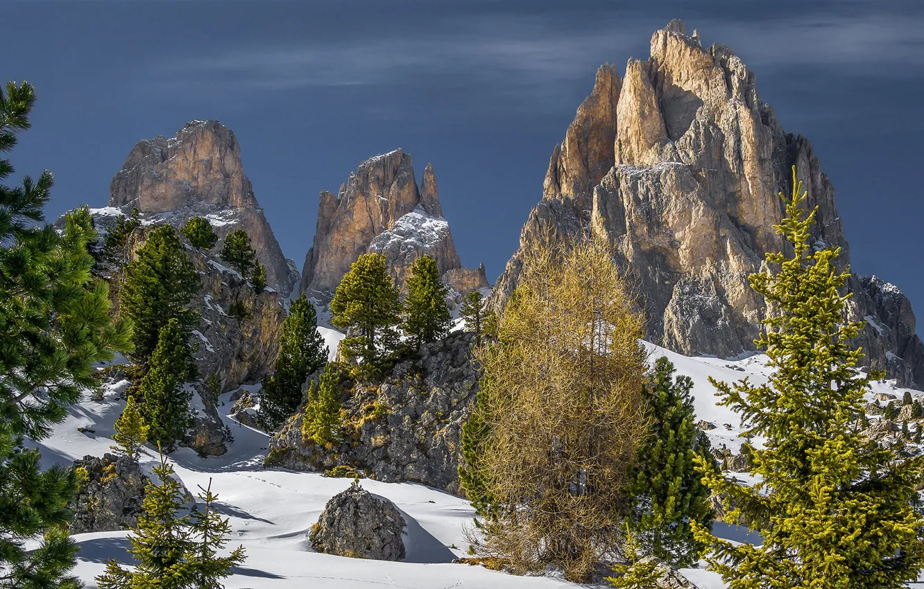 Фото обои зима, небо, солнце, снег, деревья, камни, скалы, Альпы