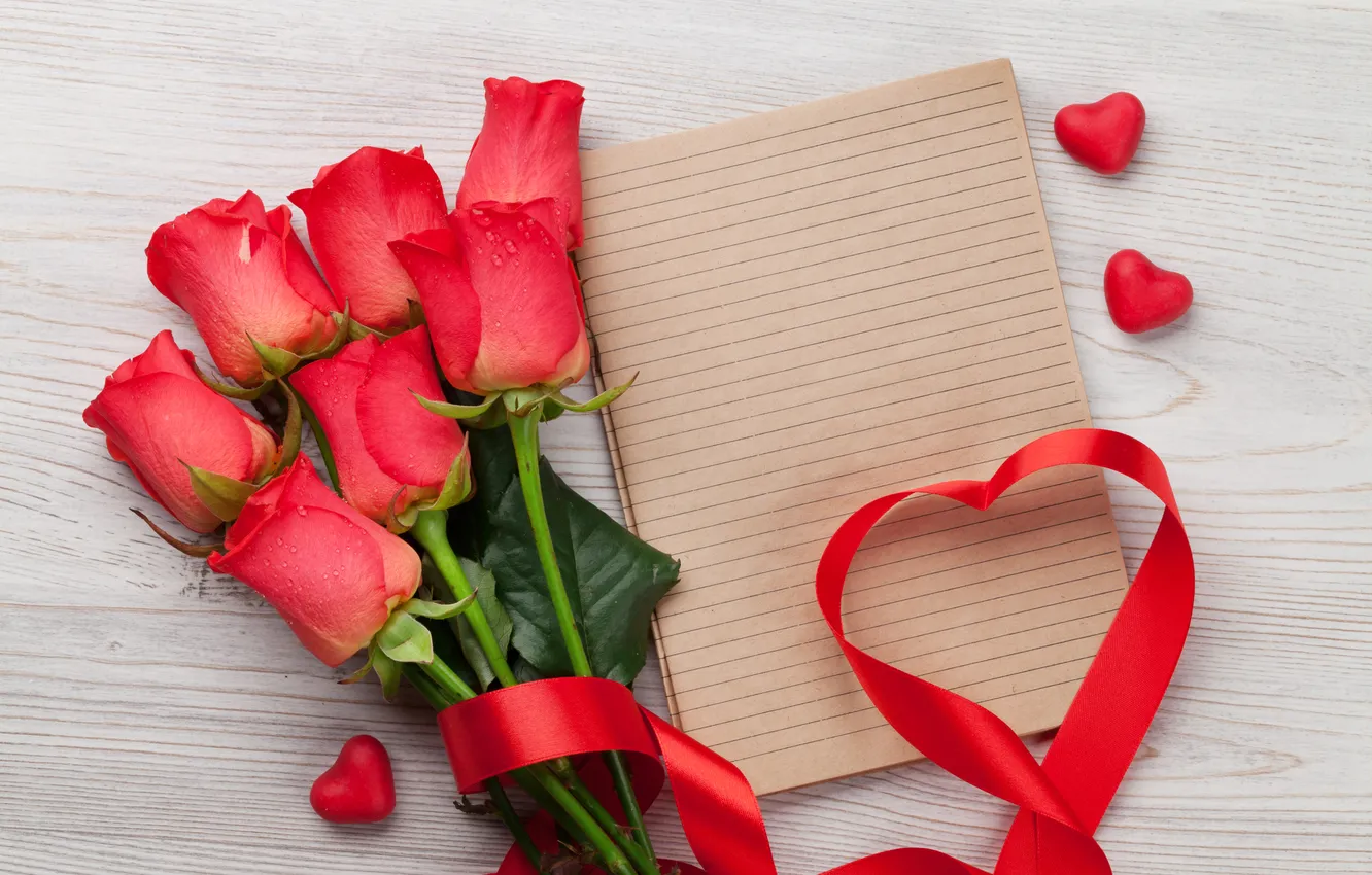 Фото обои любовь, цветы, подарок, романтика, сердце, розы, лента, love